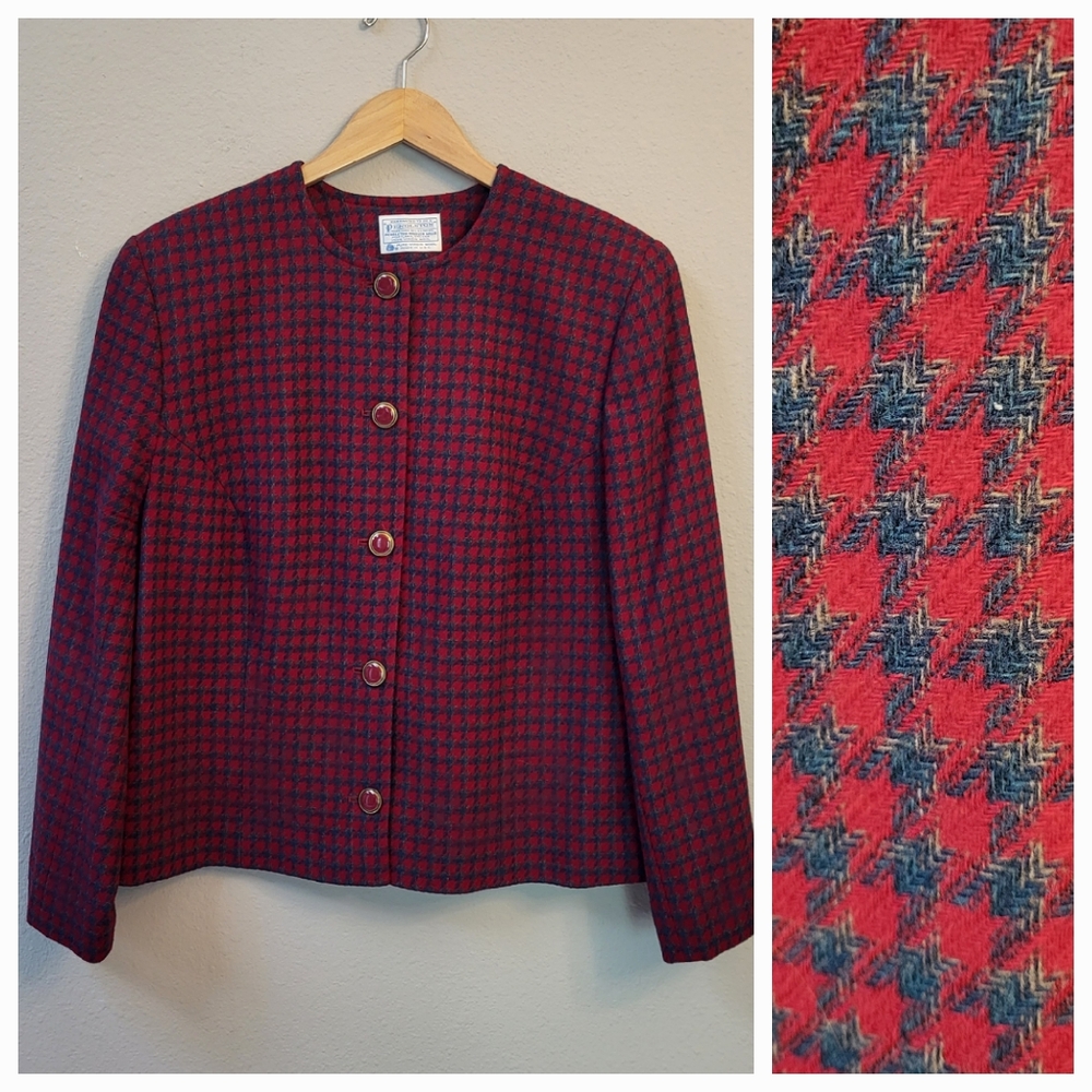 VTG Pendleton 100% Wool Blazer Jacket Size 16W Maroon Gray Collarless Button Up